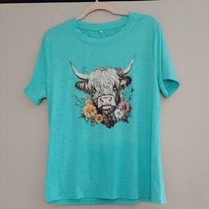 Teal T-Shirt with Cow Print